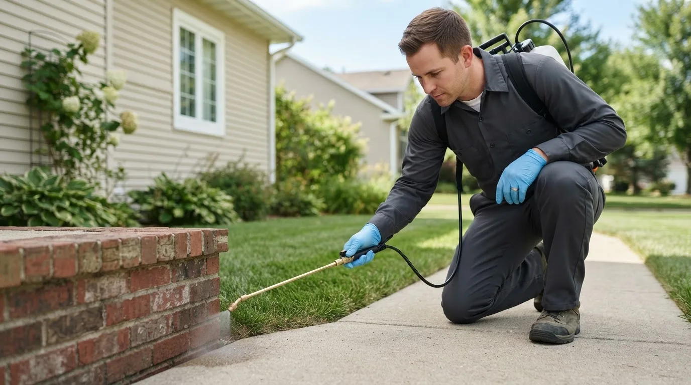 Pest control technician treating a home near Weimar, TX