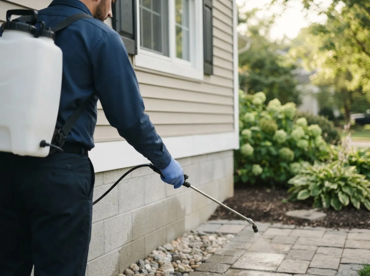 Pest control technician inspecting a home in Weimar, TX